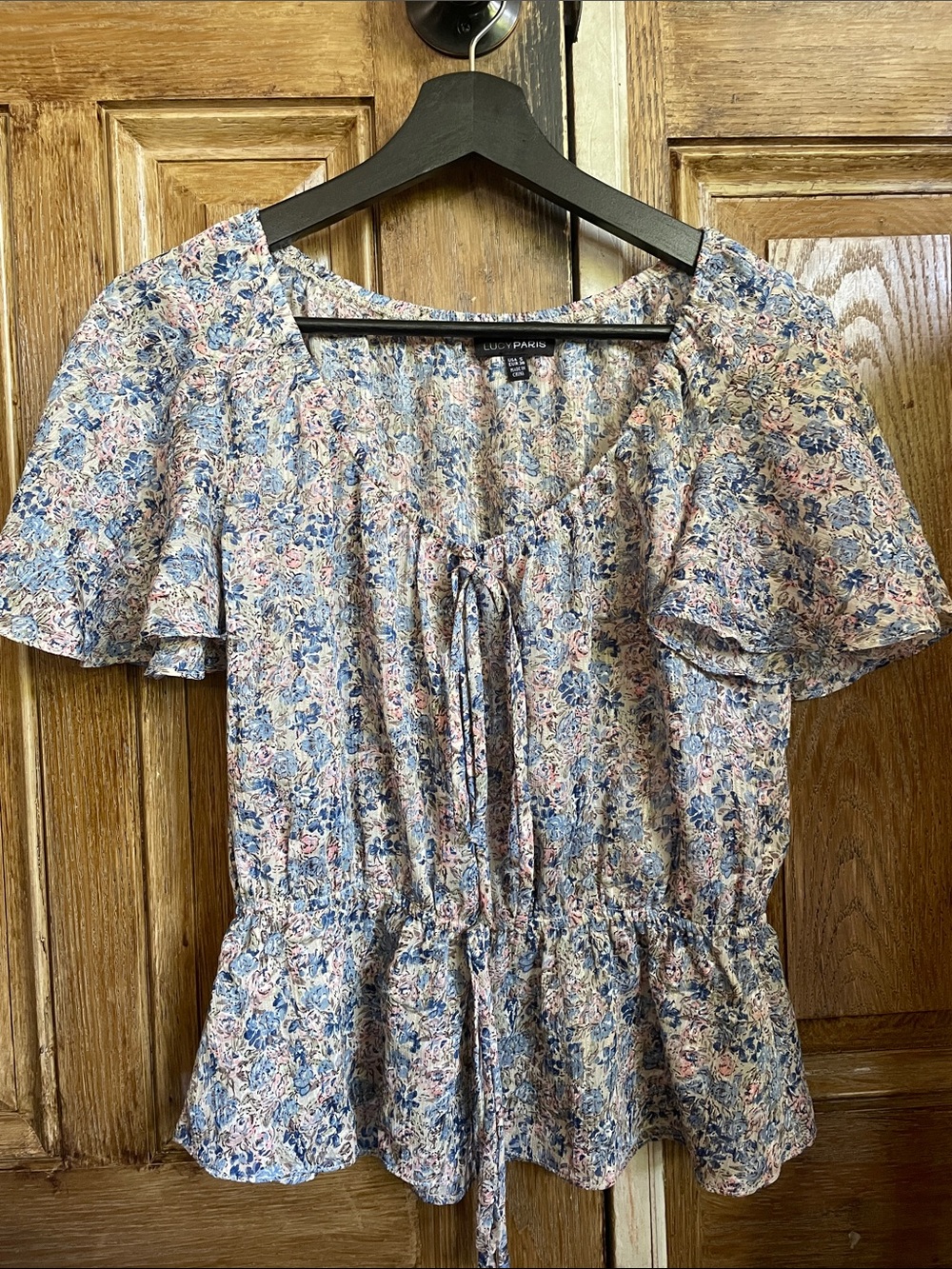 Lucy Paris Blue and Pink Floral Tie-Front Peplum Blouse